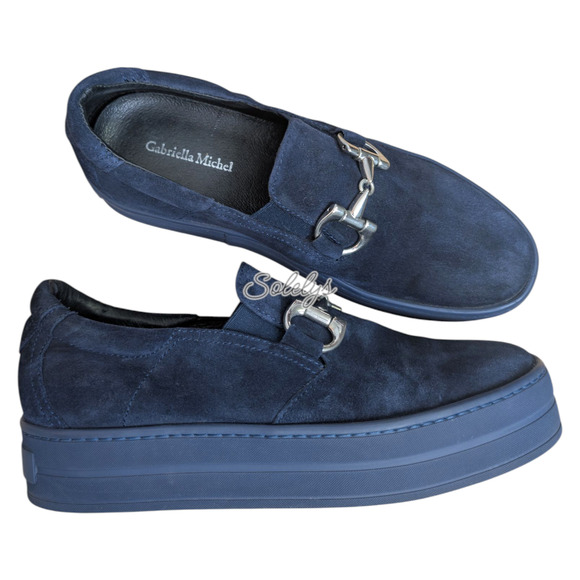 Gabriella Michel Suede Leather Slip On Horsebit Platform Loafer Sneaker Navy 39 - Picture 1 of 10
